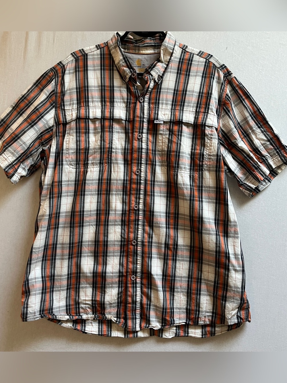 Carhartt Plaid Short Sleeve Button Down Shirt Relaxed Fit Orange Brown XL